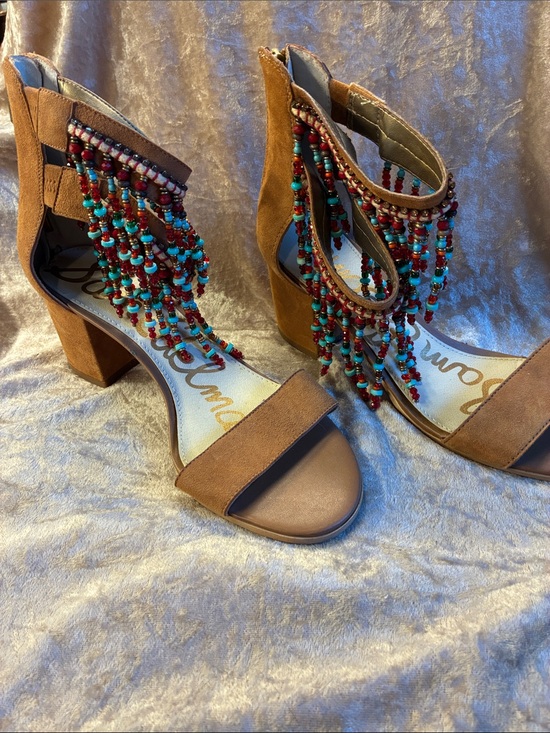 Sam Edelman Shoes - Sam Edelman boho Beaded Fringe Tan Block Heel Sandals - Women's Sz 7 medium